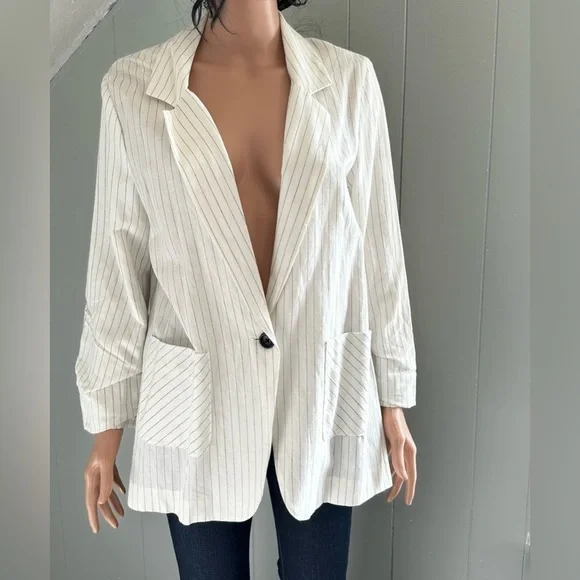 Drew Narrow Stripe Linen Blend Blazer White Lightweight Jacket Medium NWT - Picture 5 of 8